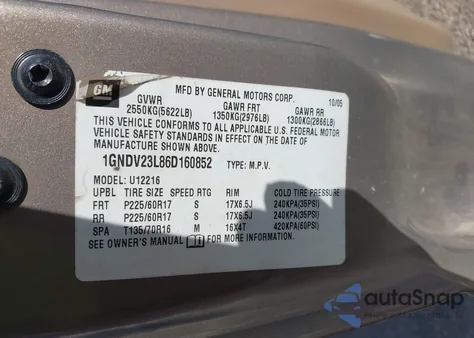 2006 Chevrolet Uplander Ls из США, поврежденный, VIN 1GNDV23L86D160852